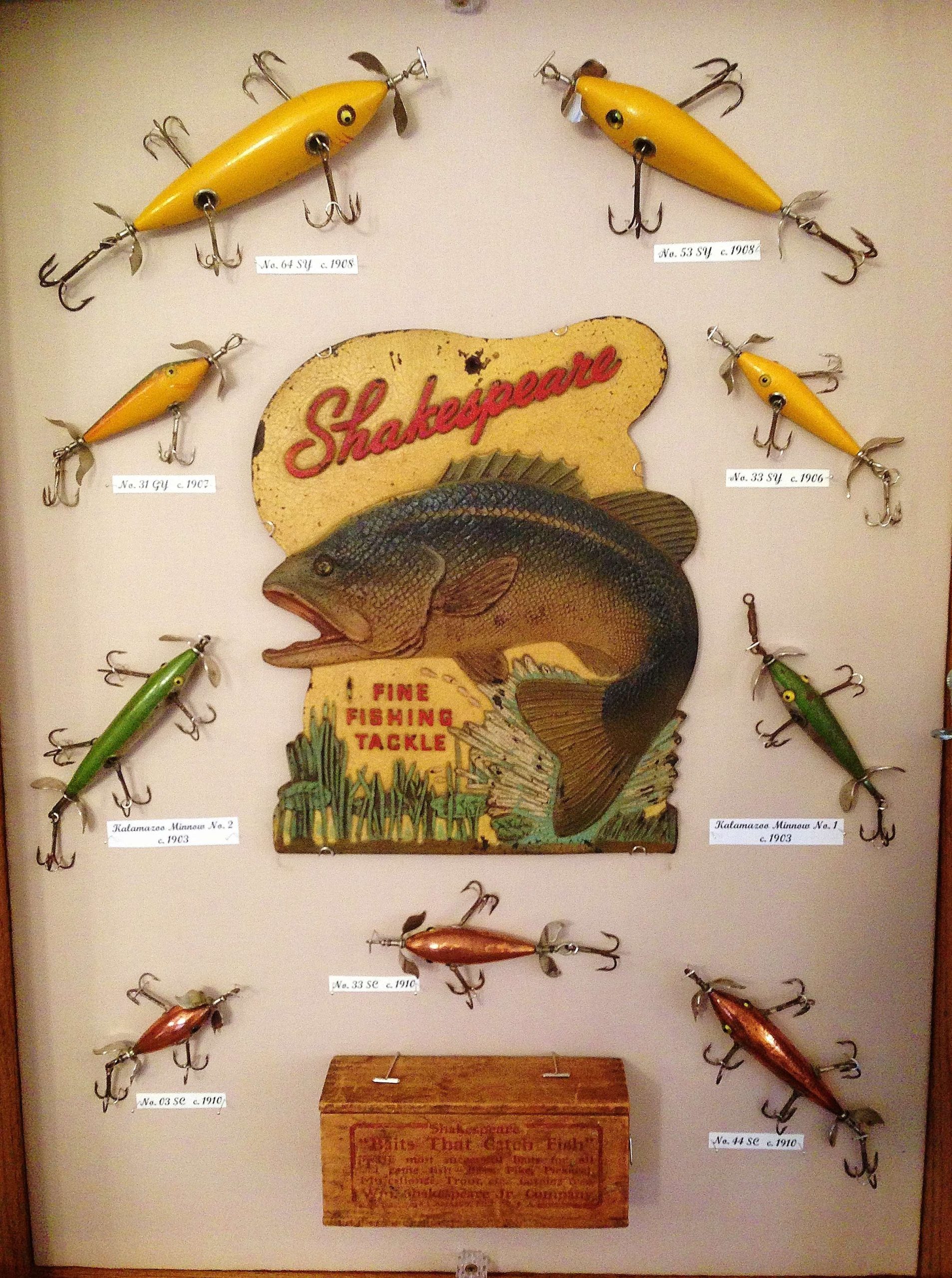 Vintage Fishing Lures and Bobbers on Display